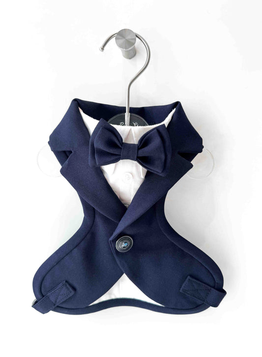 Navy blue tuxedo bib with bow tie for wedding