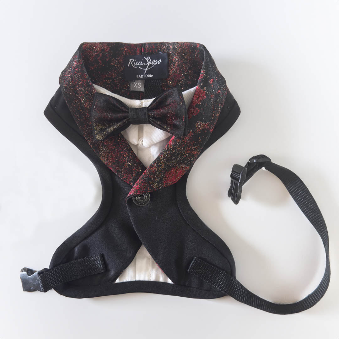 Matte black primary fabric, red damask secondary fabric, tuxedo shawl reverse, dog and cat harness