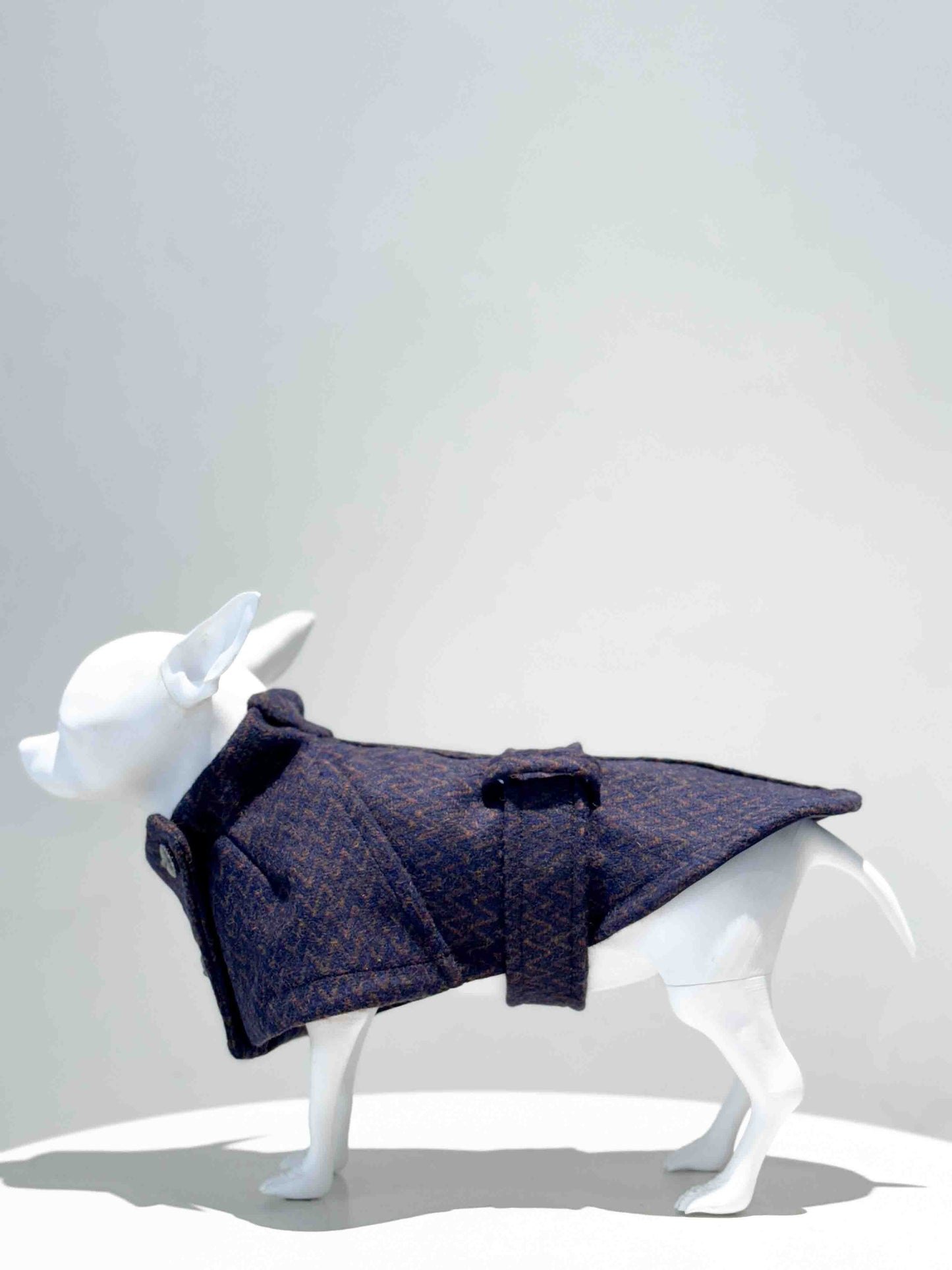 Bespoke dress for a dog: Handmade wool clothing with jewel buttons and adjustable belt.