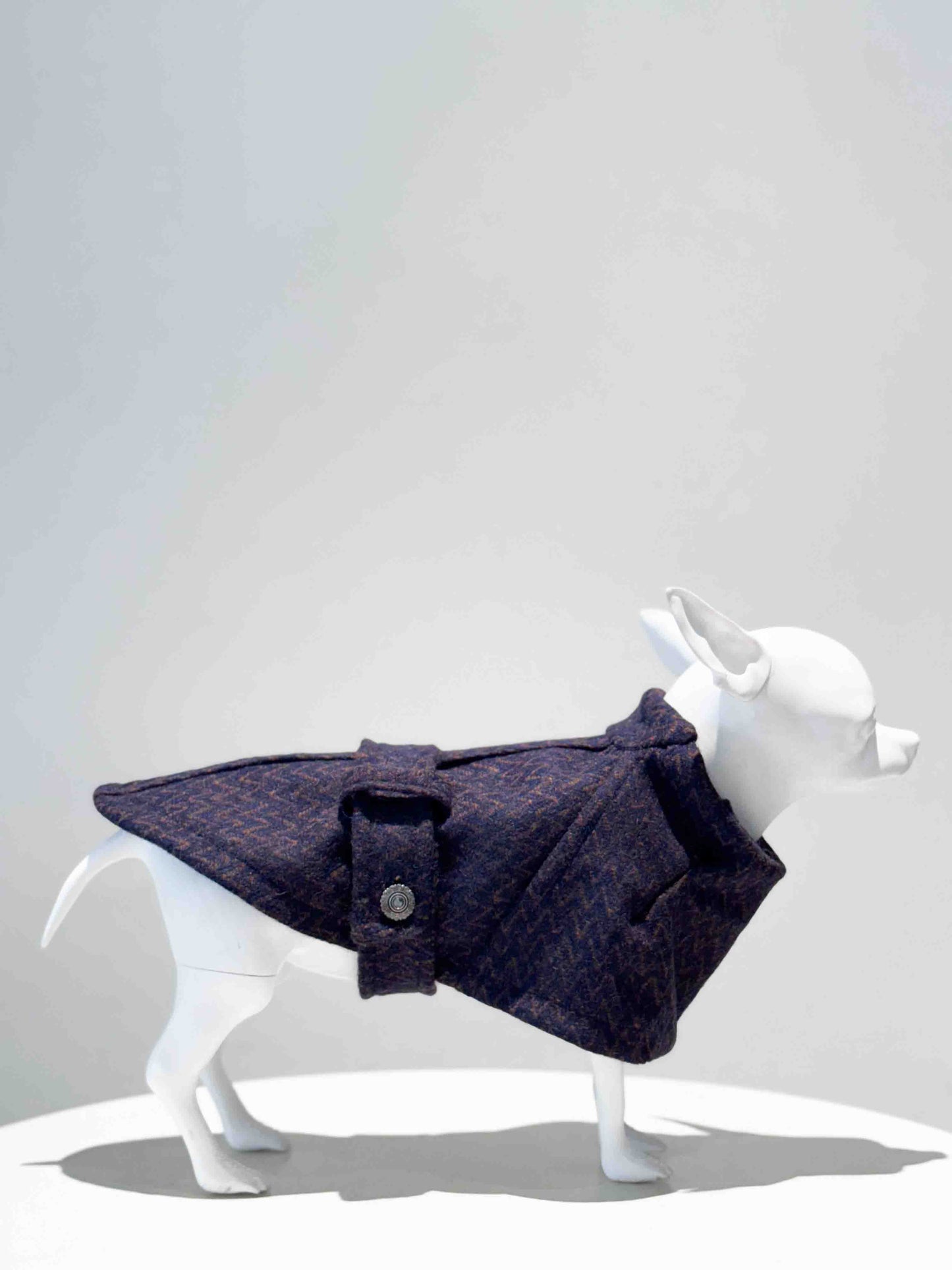 Custom dress for a dog: Premium wool coat with jewel buttons, tailored for stylish pets.