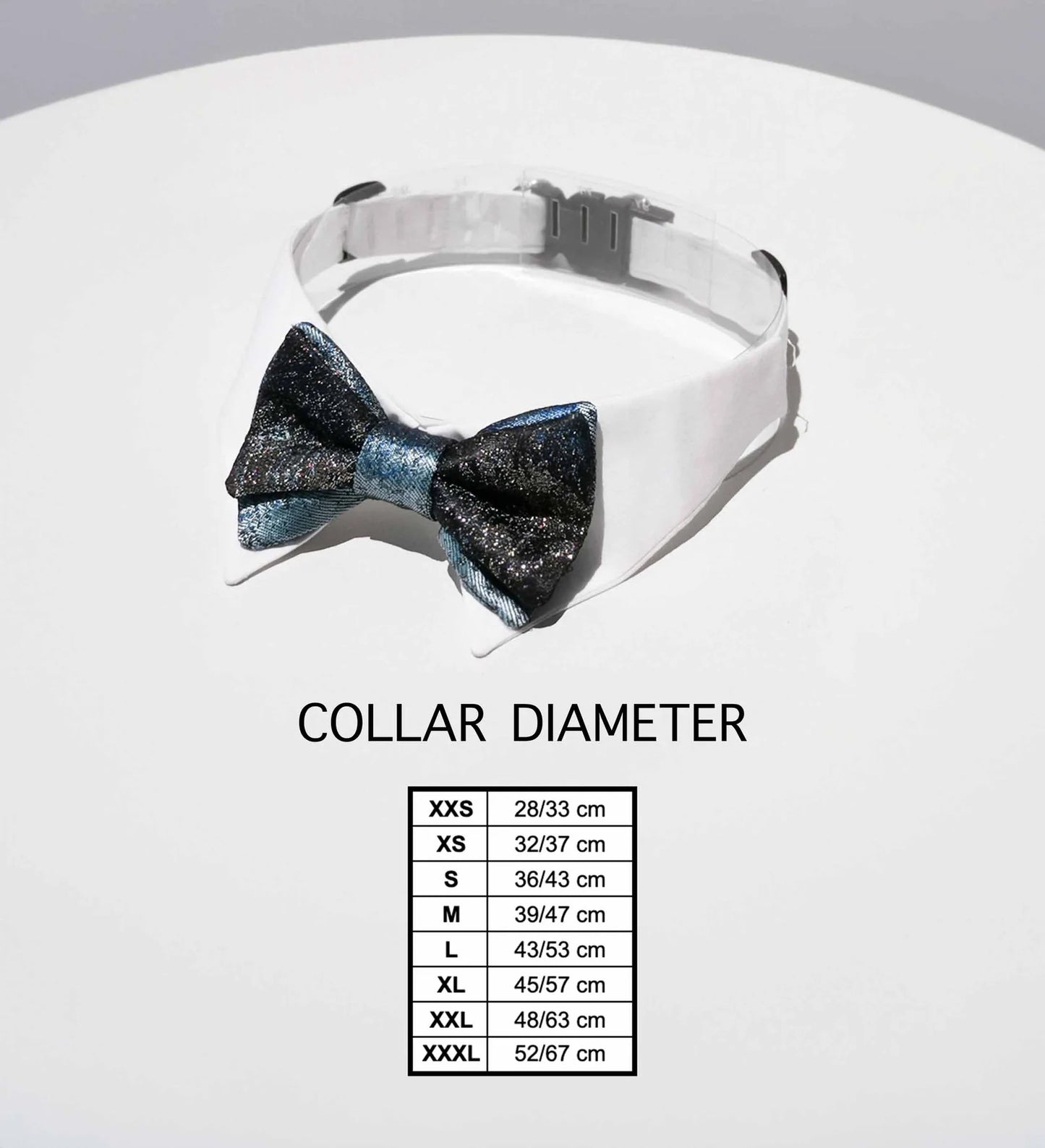 choose the perfect size for your tuxedo style dog collar with bow tie in all colors