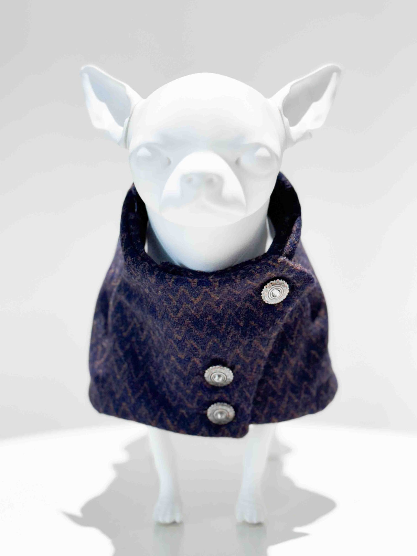 Luxury dress for a dog: Handmade wool winter coat with jewel buttons for elegant dogs in sweaters.