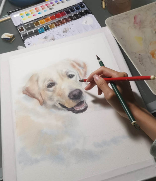 An artist drawing a realistic watercolor paint of a labrador on paper