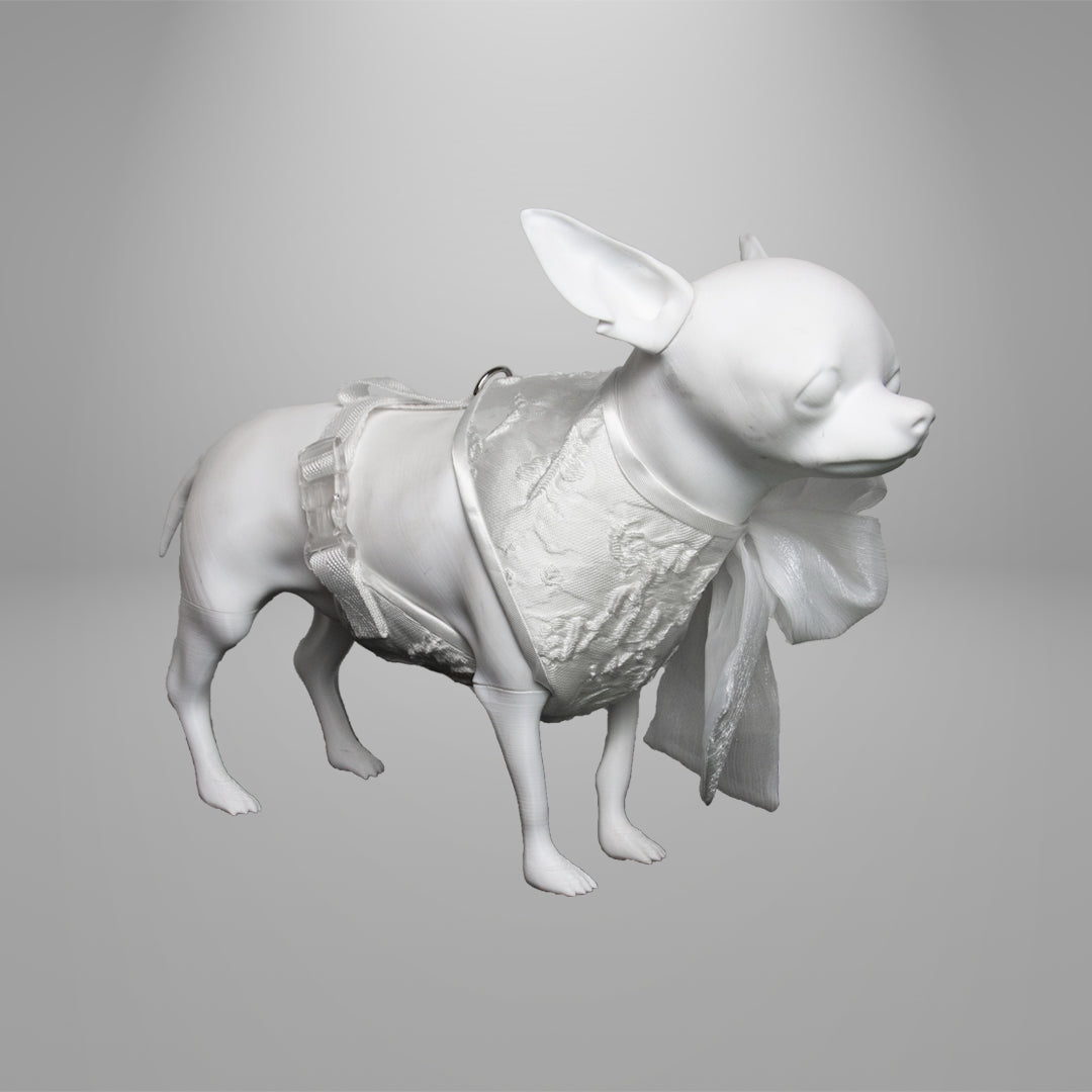 manichino chihuahua con tessuto in rilievo bianco, fiocco lucido con pieghe a sinistra, nastro in sbieco bianco lucido, regolabile con cinturino