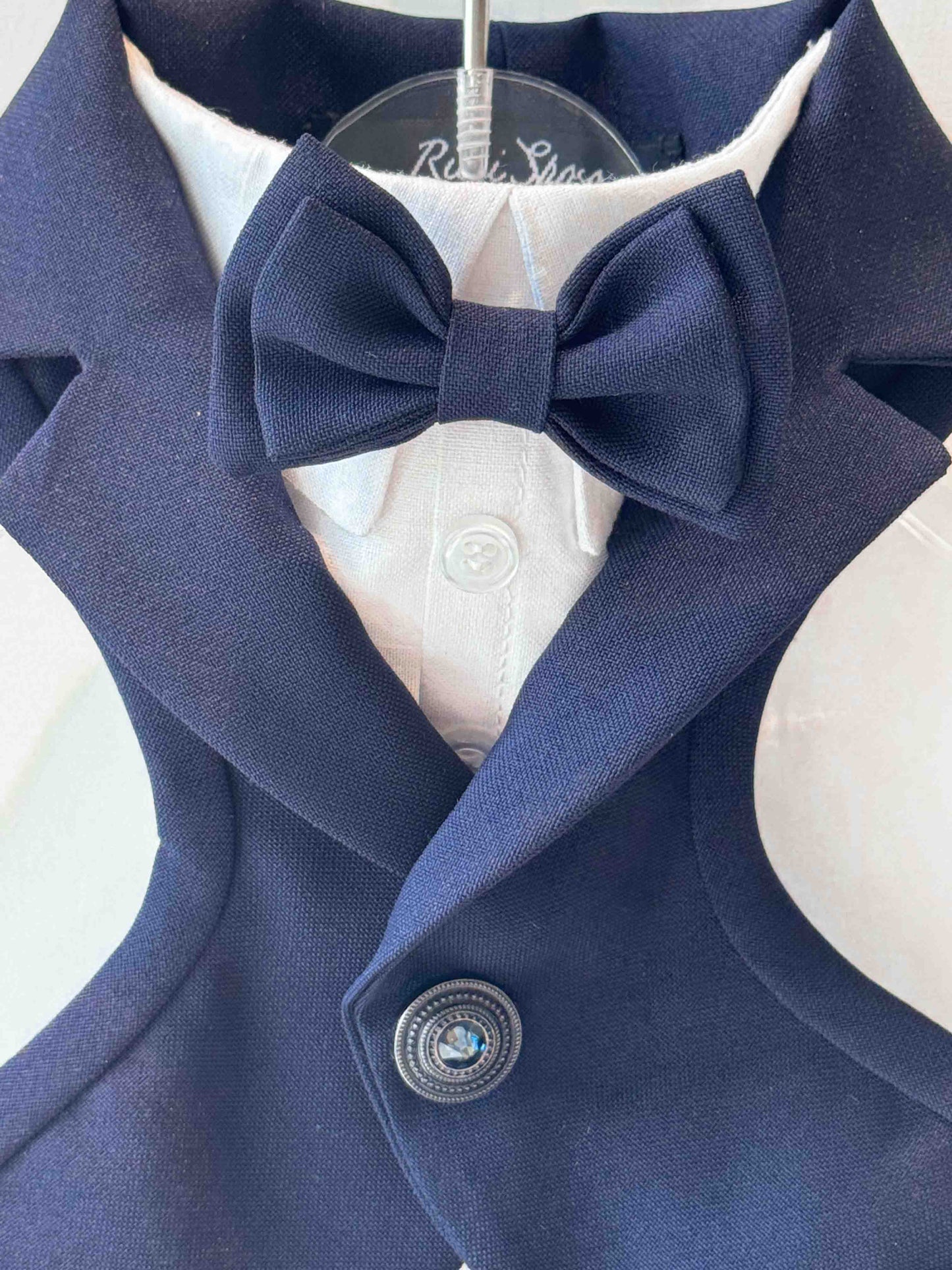 the details of our tuxedo for dogs, double bow tie, Italian shirt and jewel button