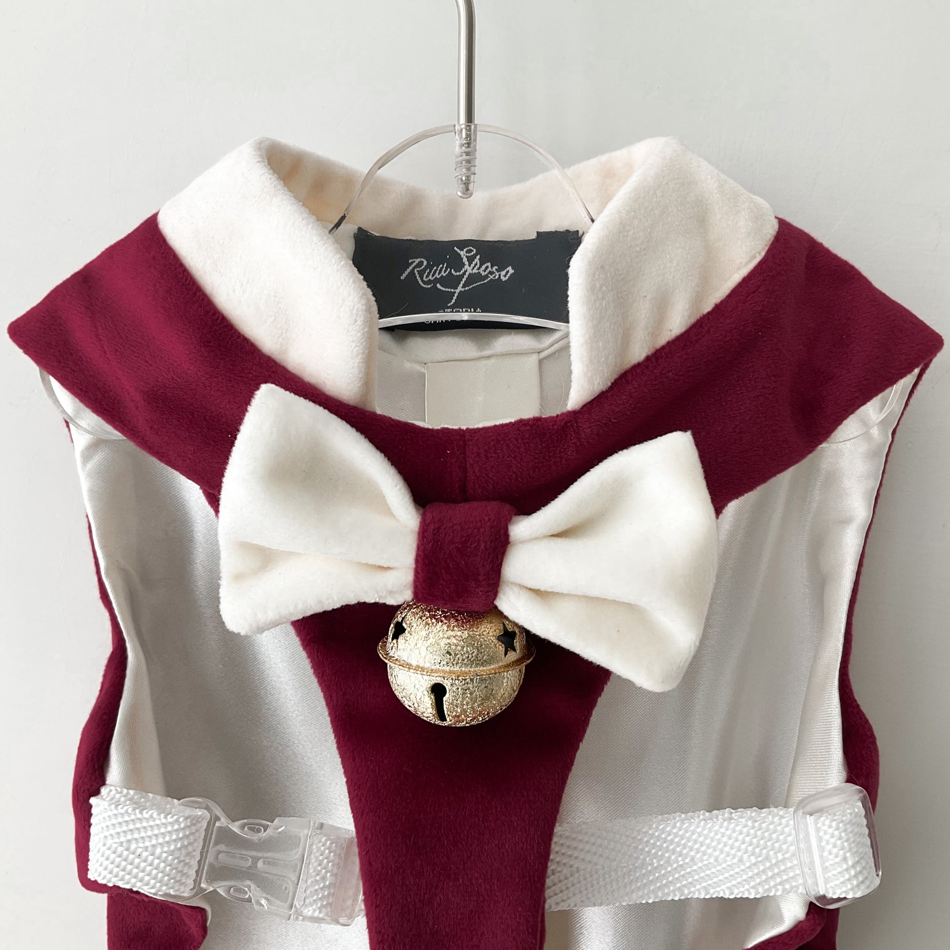 Christmas clothing for dogs in red velvet with bow tie and bell